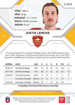2020-21 SportZoo Tipos Extraliga 2. Seria - Gold #U-049 Justin Lemcke Back