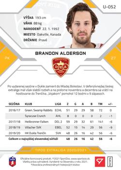 2020-21 SportZoo Tipos Extraliga 2. Seria - Gold #U-052 Brandon Alderson Back