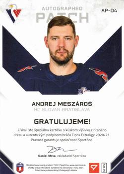 2020-21 SportZoo Tipos Extraliga 2. Seria - Autographed Patch #AP-04 Andrej Meszaros Back