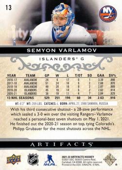 2021-22 Upper Deck Artifacts #13 Semyon Varlamov Back