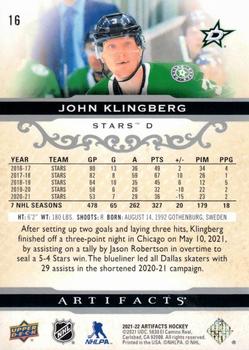 2021-22 Upper Deck Artifacts #16 John Klingberg Back