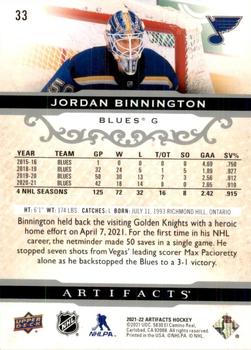 2021-22 Upper Deck Artifacts #33 Jordan Binnington Back