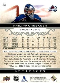 2021-22 Upper Deck Artifacts #93 Philipp Grubauer Back