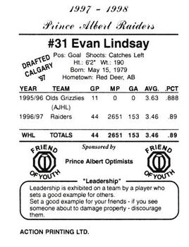 1997-98 Action Printing Prince Albert Raiders (WHL) #12 Evan Lindsay Back