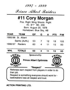 1997-98 Action Printing Prince Albert Raiders (WHL) #16 Cory Morgan Back