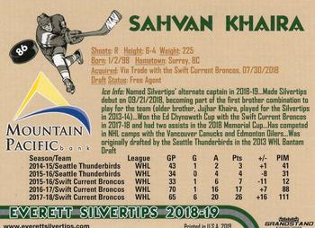 2018-19 Grandstand Everett Silvertips (WHL) #NNO Sahvan Khaira Back
