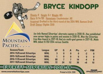 2018-19 Grandstand Everett Silvertips (WHL) #NNO Bryce Kindopp Back