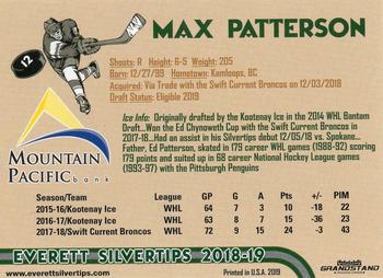 2018-19 Grandstand Everett Silvertips (WHL) #NNO Max Patterson Back