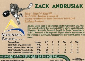 2018-19 Grandstand Everett Silvertips (WHL) #NNO Zack Andrusiak Back