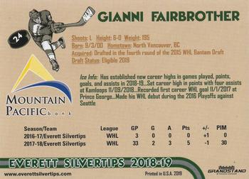 2018-19 Grandstand Everett Silvertips (WHL) #NNO Gianni Fairbrother Back