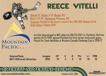 2018-19 Grandstand Everett Silvertips (WHL) #NNO Reece Vitelli Back