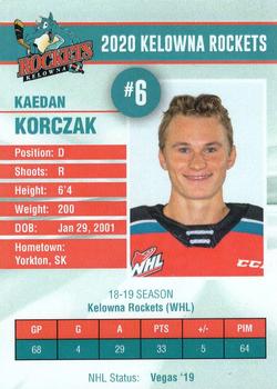 2019-20 Kelowna Rockets (WHL) #NNO Kaedan Korczak Back