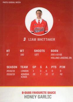 2019-20 Buffalo Wild Wings Oshawa Generals (OHL) #NNO Liam Whittaker Back