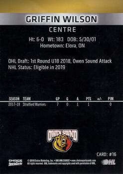 2018-19 Choice Owen Sound Attack (OHL) #16 Griffin Wilson Back