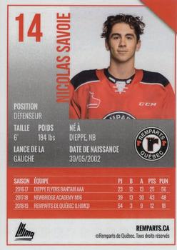 2019-20 Quebec Remparts (QMJHL) #NNO Nicolas Savoie Back