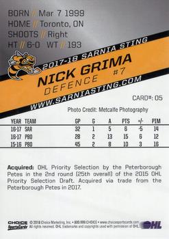 2017-18 Choice Sarnia Sting (OHL) #5 Nick Grima Back