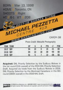 2017-18 Choice Sarnia Sting (OHL) #8 Michael Pezzetta Back