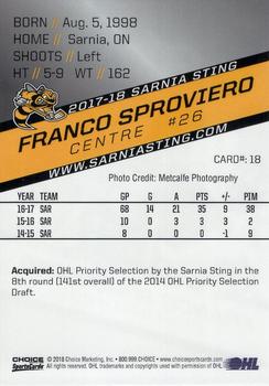 2017-18 Choice Sarnia Sting (OHL) #18 Franco Sproviero Back