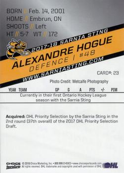 2017-18 Choice Sarnia Sting (OHL) #23 Alexandre Hogue Back