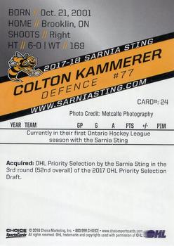 2017-18 Choice Sarnia Sting (OHL) #24 Colton Kammerer Back