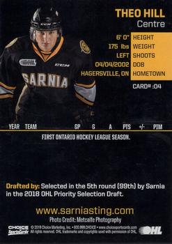 2018-19 Choice Sarnia Sting (OHL) #4 Theo Hill Back