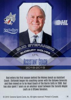2018-19 Extreme Sudbury Wolves (OHL) #4 Bud Stefanski Back