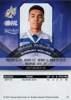 2018-19 Extreme Sudbury Wolves (OHL) #6 Isaak Phillips Back