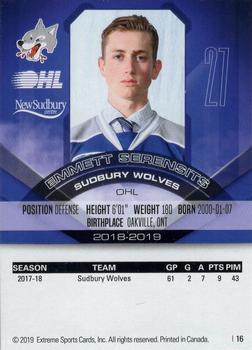 2018-19 Extreme Sudbury Wolves (OHL) #16 Emmett Serensits Back