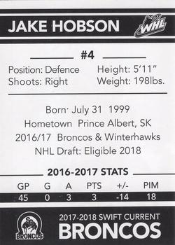 2017-18 Swift Current Broncos (WHL) #NNO Jake Hobson Back