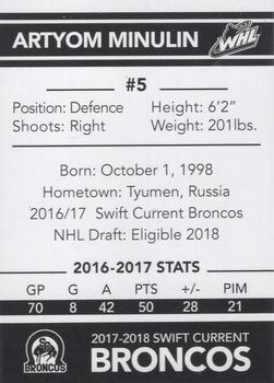 2017-18 Swift Current Broncos (WHL) #NNO Artyom Minulin Back