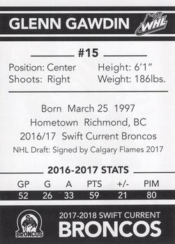 2017-18 Swift Current Broncos (WHL) #NNO Glenn Gawdin Back
