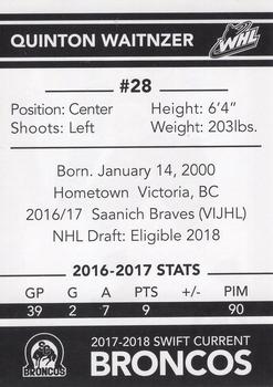 2017-18 Swift Current Broncos (WHL) #NNO Quinton Waitzner Back