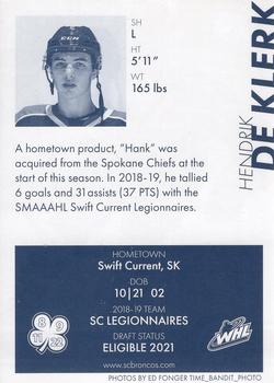 2019-20 Swift Current Broncos (WHL) #NNO Hendrick De Klerk Back