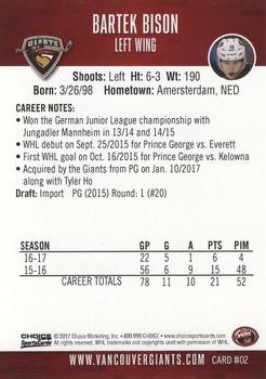 2016-17 Choice Vancouver Giants (WHL) #2 Bartek Bison Back