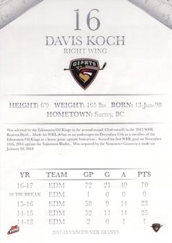 2017-18 Vancouver Giants (WHL) - Autographs #NNO Davis Koch Back