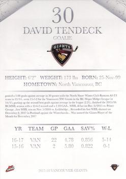 2017-18 Vancouver Giants (WHL) - Autographs #NNO David Tendeck Back
