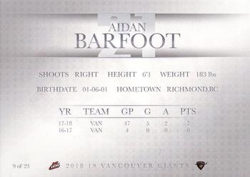 2018-19 Vancouver Giants (WHL) #9 Aidan Barfoot Back