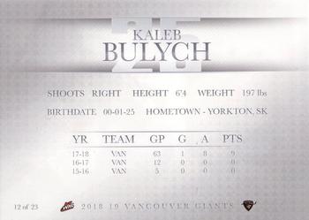 2018-19 Vancouver Giants (WHL) #12 Kaleb Bulych Back