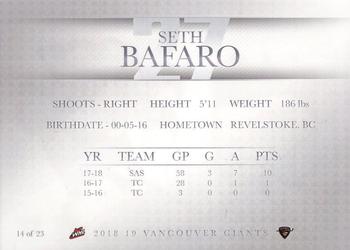 2018-19 Vancouver Giants (WHL) #14 Seth Barfaro Back
