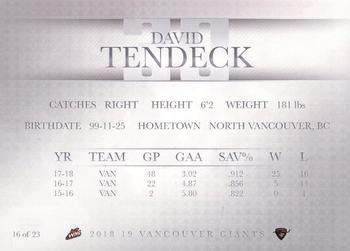 2018-19 Vancouver Giants (WHL) #16 David Tendeck Back