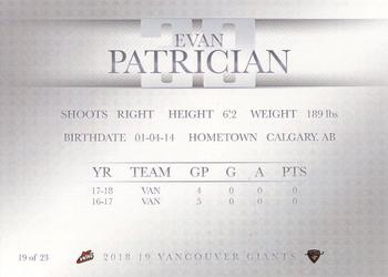 2018-19 Vancouver Giants (WHL) #19 Evan Patrician Back