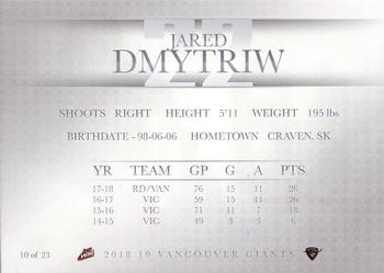 2018-19 Vancouver Giants (WHL) - Autographs #10 Jared Dmytriw Back