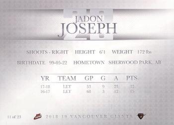 2018-19 Vancouver Giants (WHL) - Autographs #11 Jadon Joseph Back