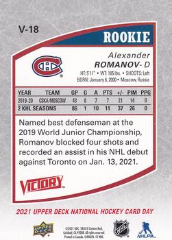 2021 Upper Deck National Hockey Card Day Canada - Victory Black Rookies #V-18 Alexander Romanov Back
