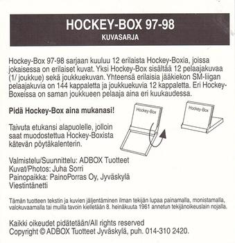 1997-98 Finnish Adbox Hockey-Box #1 January cover / Mika Nieminen Back