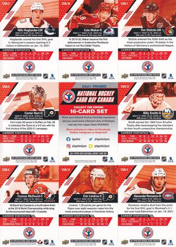 2021 Upper Deck National Hockey Card Day Canada - Sheets #CAN-1/4/5/6/8/10/12/13 Tim Stutzle / Cale Makar / Nils Hoglander / Billy Smith / Checklist / Carter Hart / Alexander Romanov / Eric Lindros / Connor McDavid Back