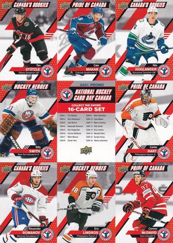 2021 Upper Deck National Hockey Card Day Canada - Sheets #CAN-1/4/5/6/8/10/12/13 Tim Stutzle / Cale Makar / Nils Hoglander / Billy Smith / Checklist / Carter Hart / Alexander Romanov / Eric Lindros / Connor McDavid Front