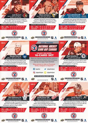 2021 Upper Deck National Hockey Card Day Canada - Sheets #CAN-2/3/8/9/11/14/15/16 Alexis Lafreniere / Mario Lemieux / Josh Norris / Mark Scheifele / Checklist / Wendel Clark / Carter Hart / Gordie Howe / Nick Robertson Back