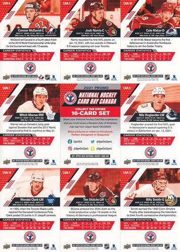 2021 Upper Deck National Hockey Card Day Canada - Sheets #CAN-1/3/5/6/7/10/12/14 Cale Makar / Josh Norris / Connor McDavid / Nils Hoglander / Checklist / Mitch Marner / Billy Smith / Tim Stutzle / Wendel Clark Back