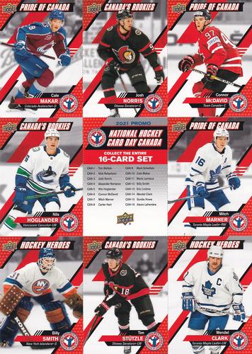 2021 Upper Deck National Hockey Card Day Canada - Sheets #CAN-1/3/5/6/7/10/12/14 Cale Makar / Josh Norris / Connor McDavid / Nils Hoglander / Checklist / Mitch Marner / Billy Smith / Tim Stutzle / Wendel Clark Front